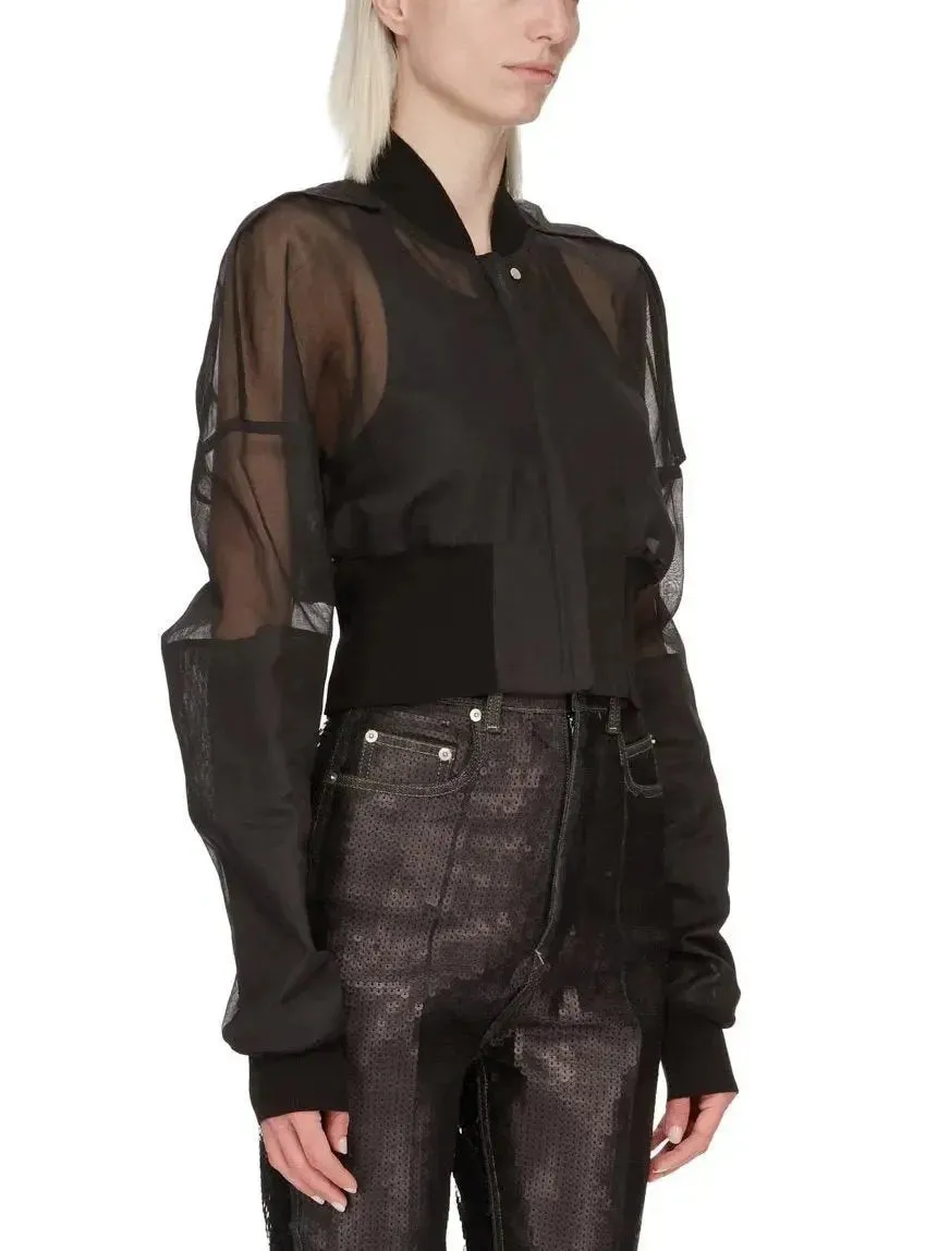 Black Cropped Sheer Bomber Jacket