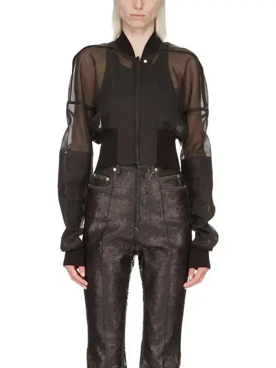 Black Cropped Sheer Bomber Jacket