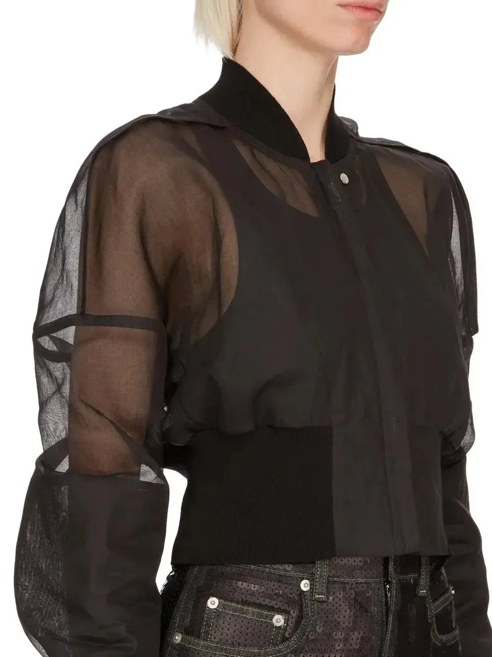 Black Cropped Sheer Bomber Jacket