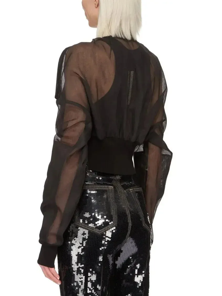 Black Cropped Sheer Bomber Jacket