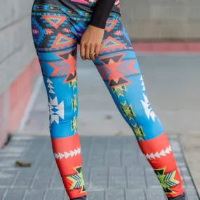 Blue Abstract Chevron Tribal Print Graphic Leggings