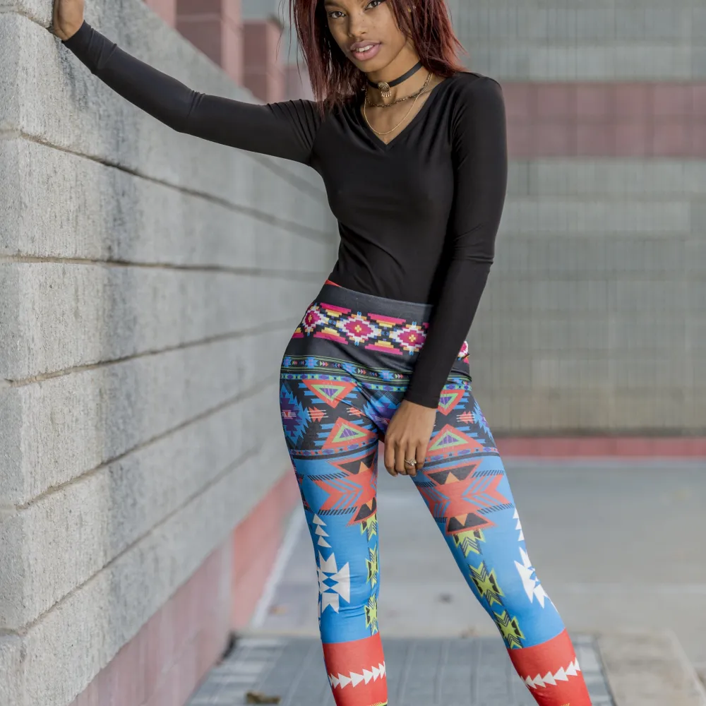 Blue Abstract Chevron Tribal Print Graphic Leggings