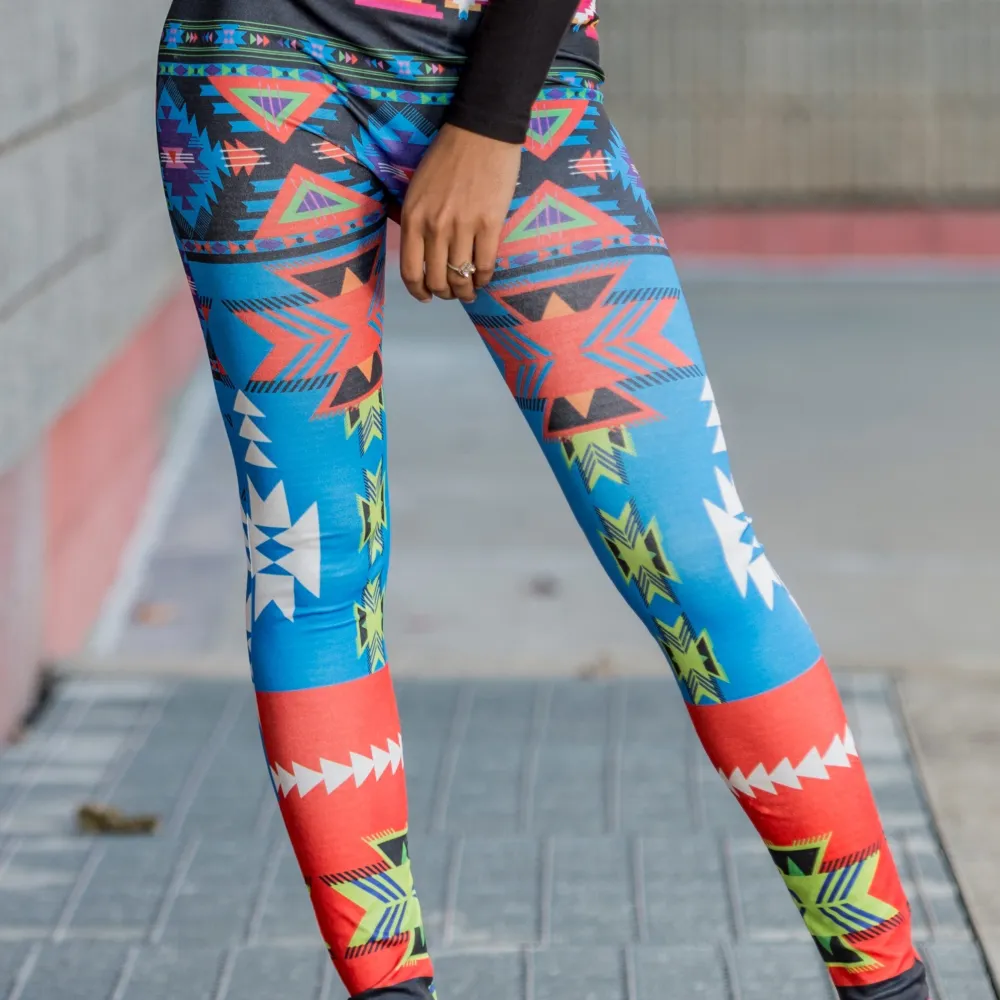 Blue Abstract Chevron Tribal Print Graphic Leggings