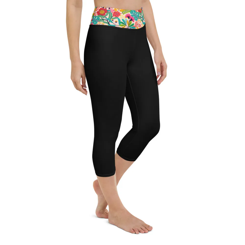 Floral Waistband - Yoga Capri Leggings