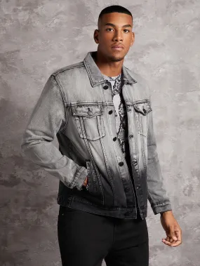 Grey Ombre Flap Pocket Button Front Denim Jacket