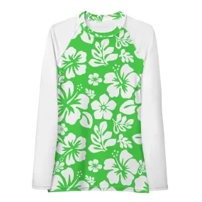 Lime Green and White Hawaiian Print Women's Rash Guard with White Sleeves