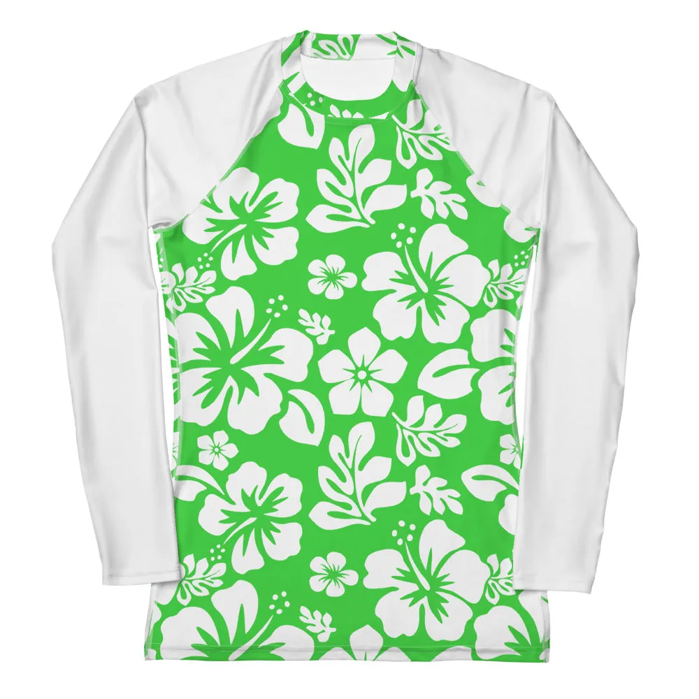 Lime Green and White Hawaiian Print Women's Rash Guard with White Sleeves