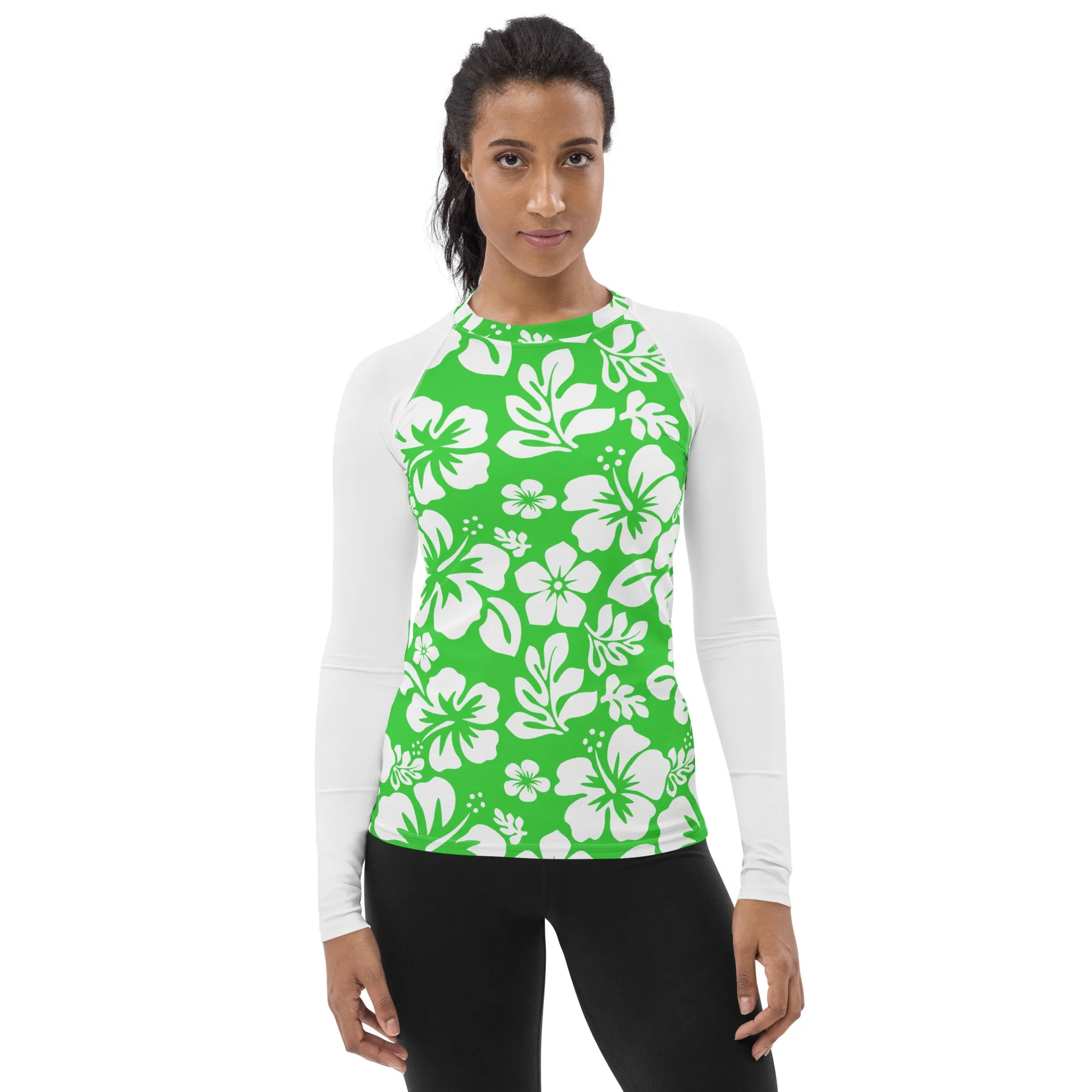 Lime Green and White Hawaiian Print Women's Rash Guard with White Sleeves