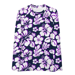 Navy Blue, Purple and White Hawaiian Print Women's Rash Guard