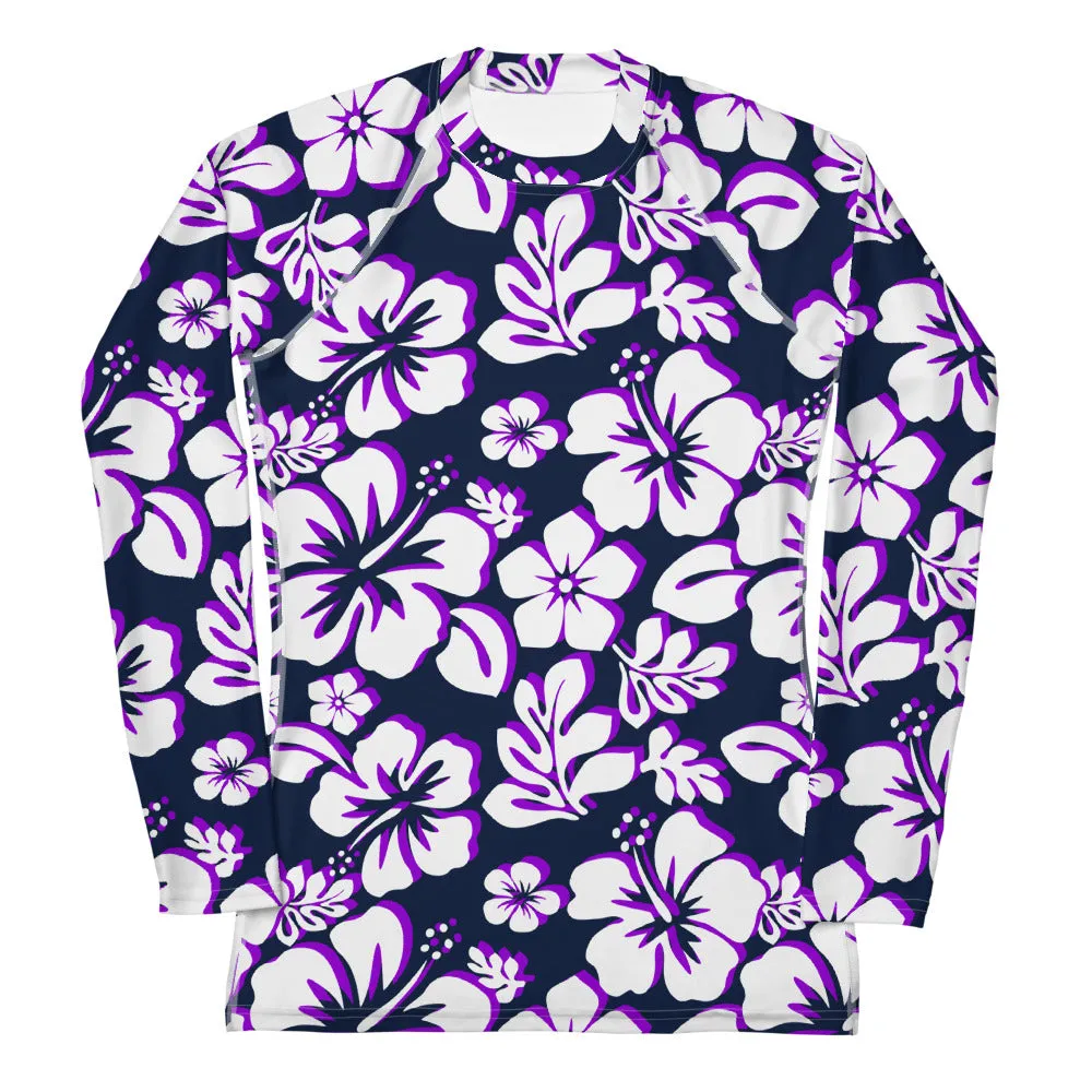 Navy Blue, Purple and White Hawaiian Print Women's Rash Guard