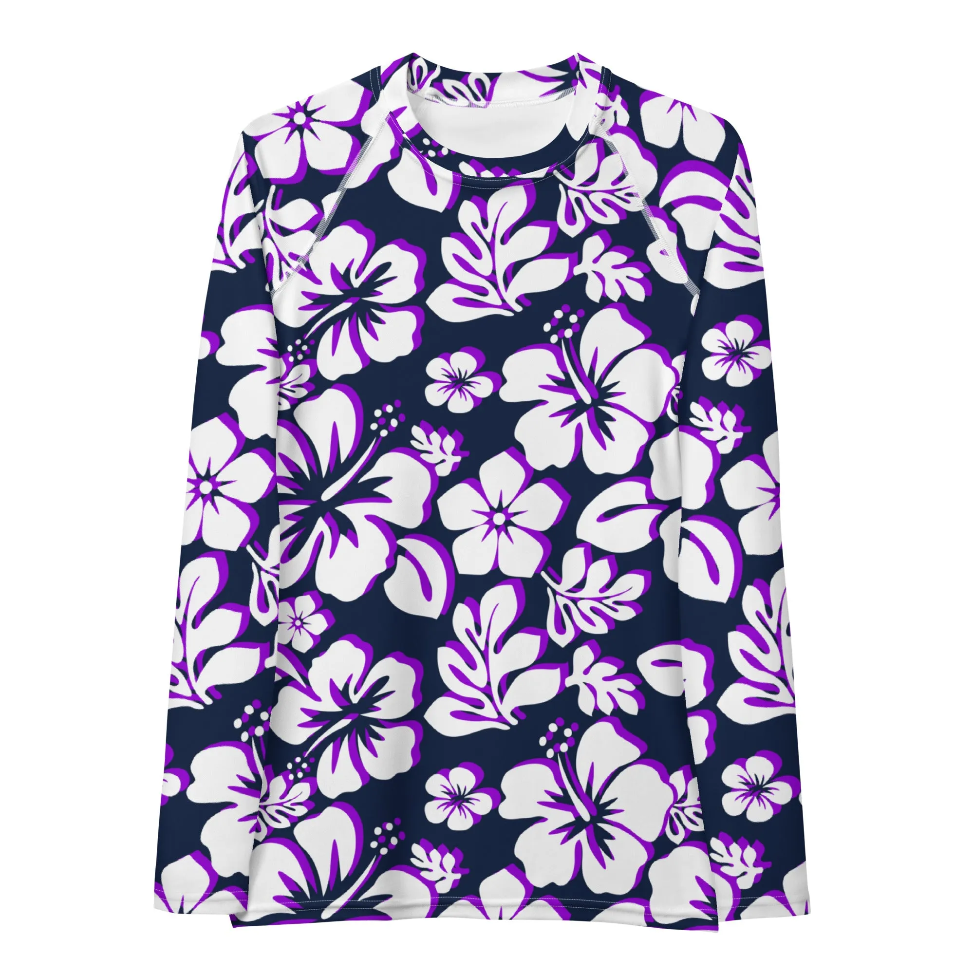 Navy Blue, Purple and White Hawaiian Print Women's Rash Guard