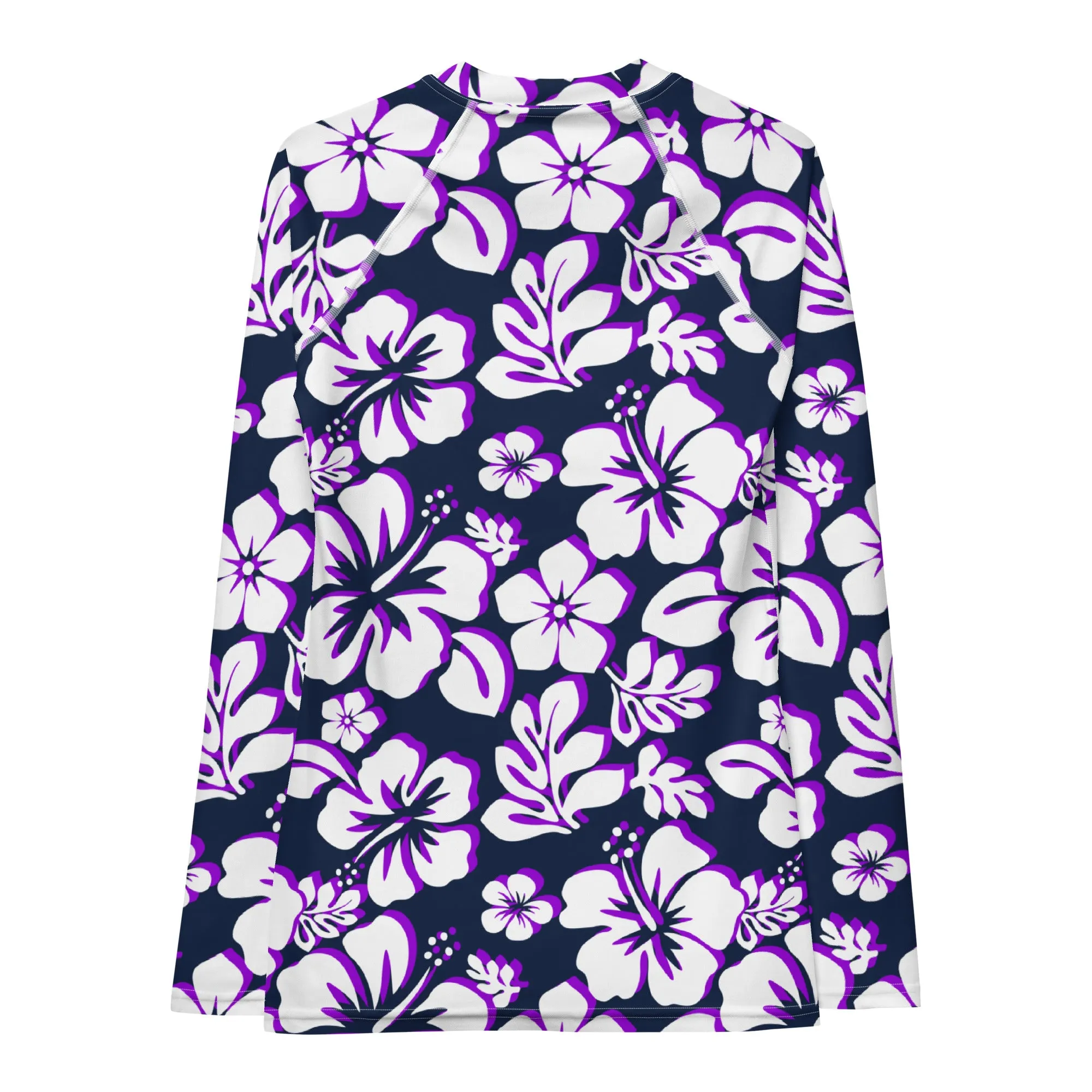 Navy Blue, Purple and White Hawaiian Print Women's Rash Guard
