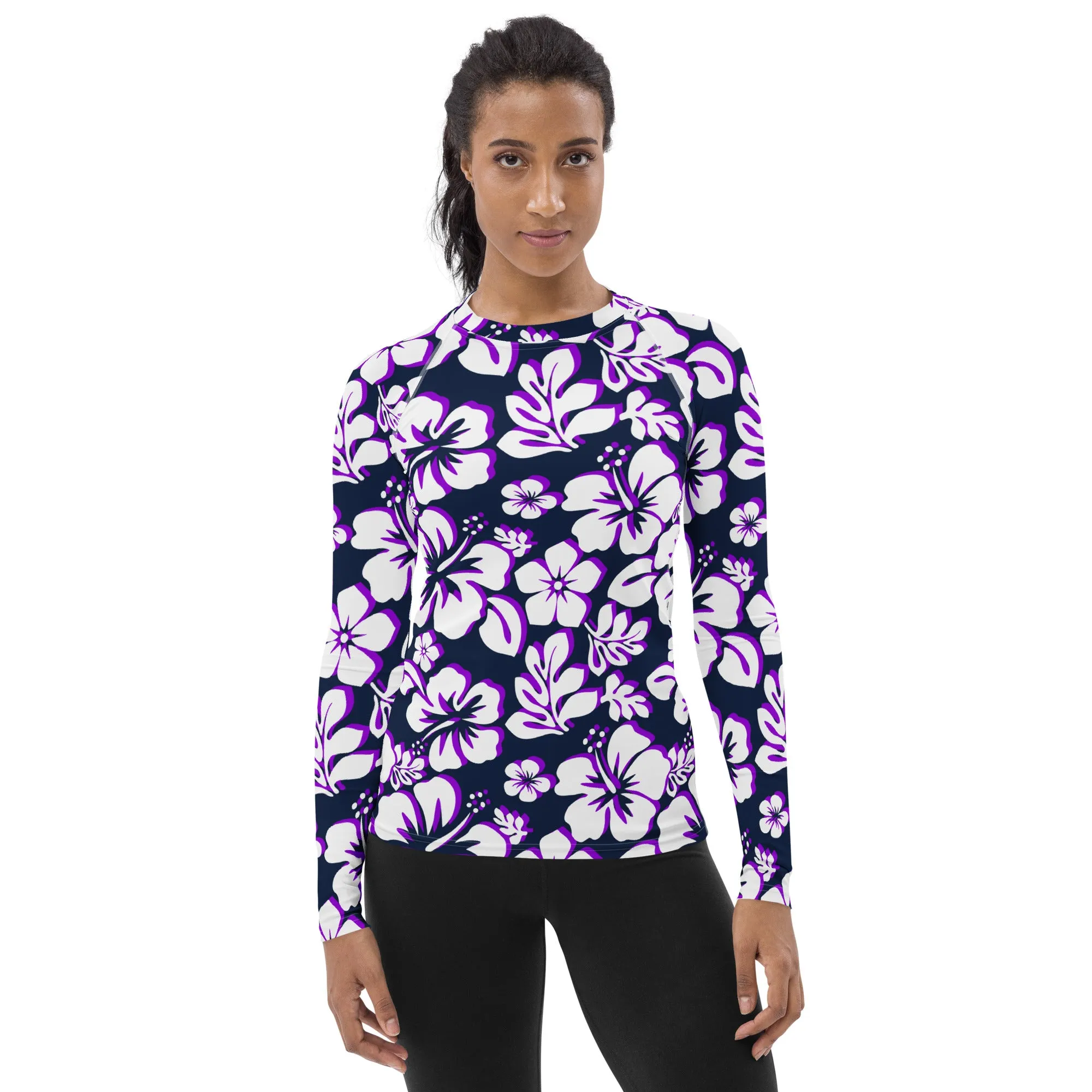Navy Blue, Purple and White Hawaiian Print Women's Rash Guard