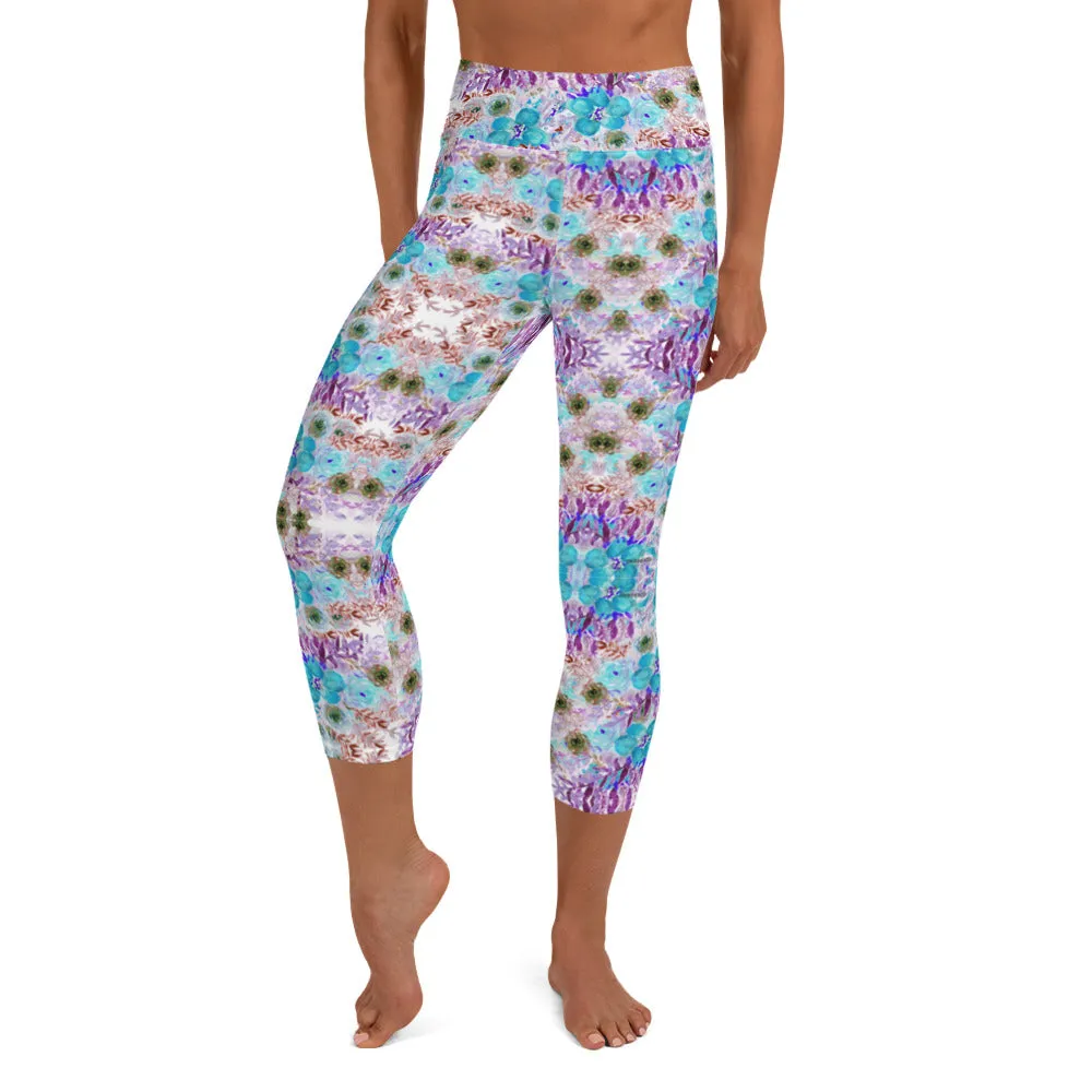 Purple Flower Yoga Capri Leggings, Blue Vintage Style Women's Capris Tights-Made in USA/EU/MX