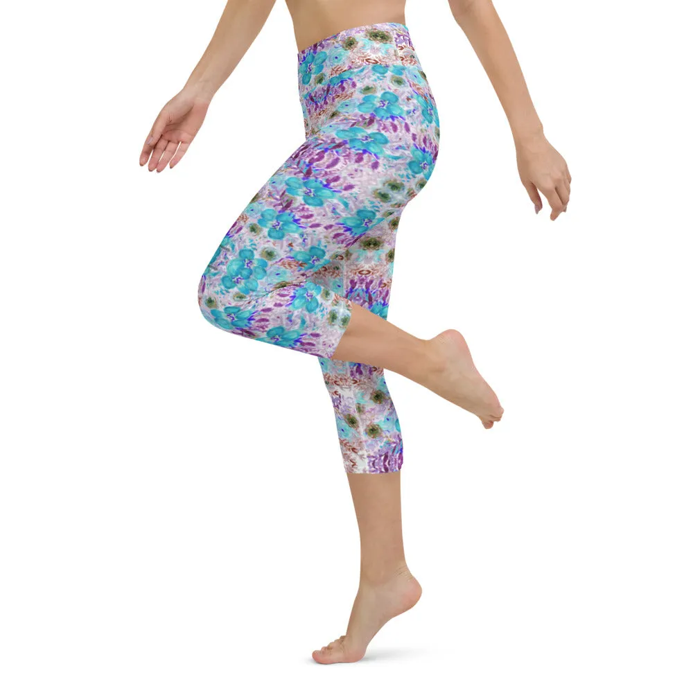 Purple Flower Yoga Capri Leggings, Blue Vintage Style Women's Capris Tights-Made in USA/EU/MX