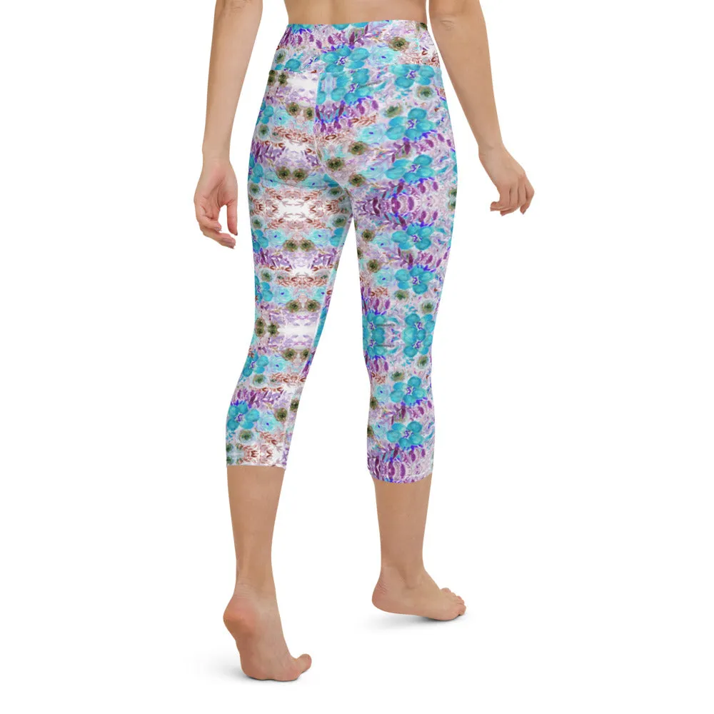 Purple Flower Yoga Capri Leggings, Blue Vintage Style Women's Capris Tights-Made in USA/EU/MX