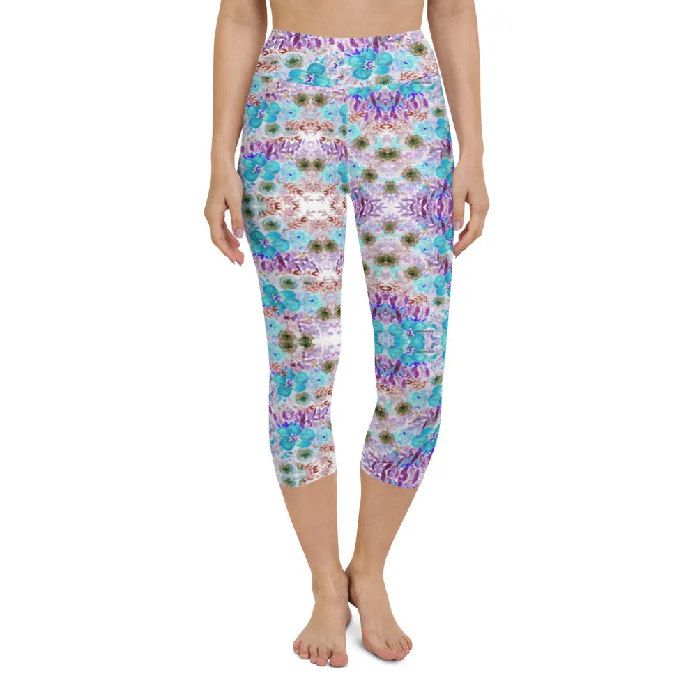 Purple Flower Yoga Capri Leggings, Blue Vintage Style Women's Capris Tights-Made in USA/EU/MX
