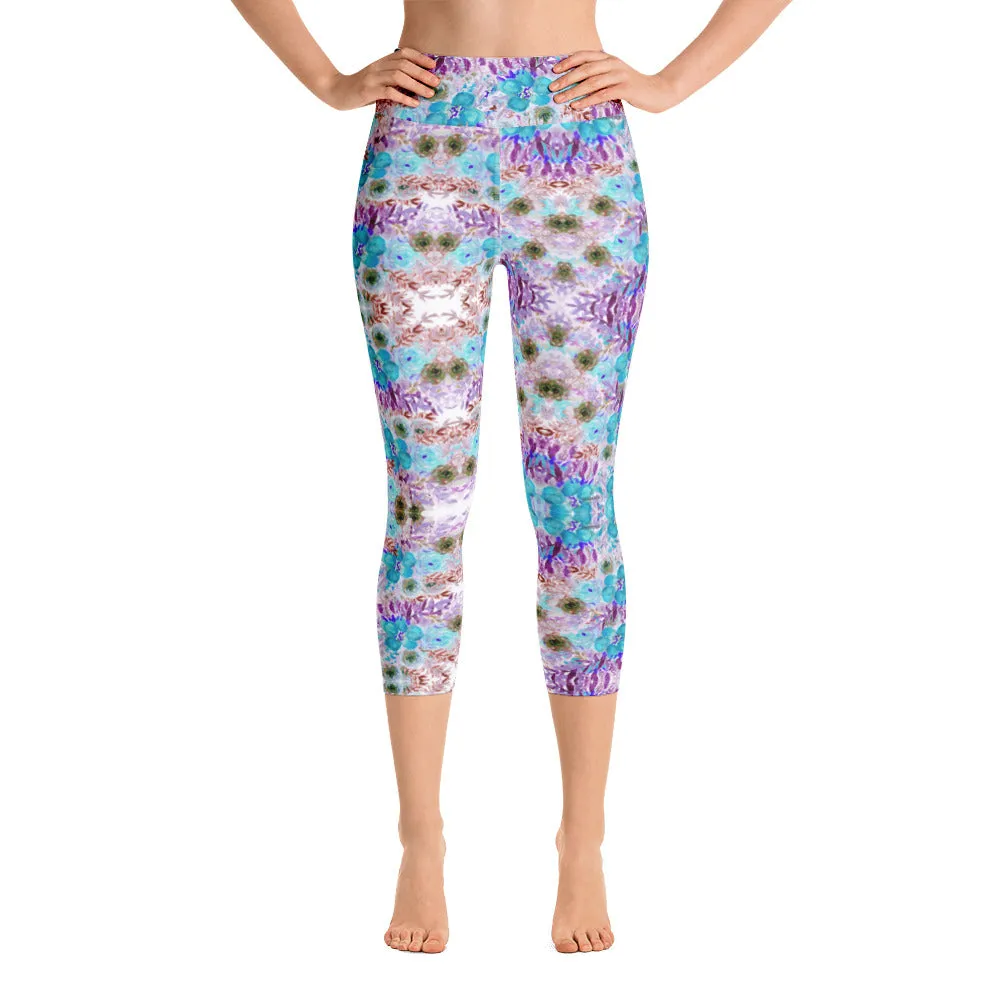 Purple Flower Yoga Capri Leggings, Blue Vintage Style Women's Capris Tights-Made in USA/EU/MX