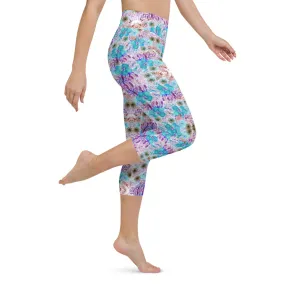 Purple Flower Yoga Capri Leggings, Blue Vintage Style Women's Capris Tights-Made in USA/EU/MX