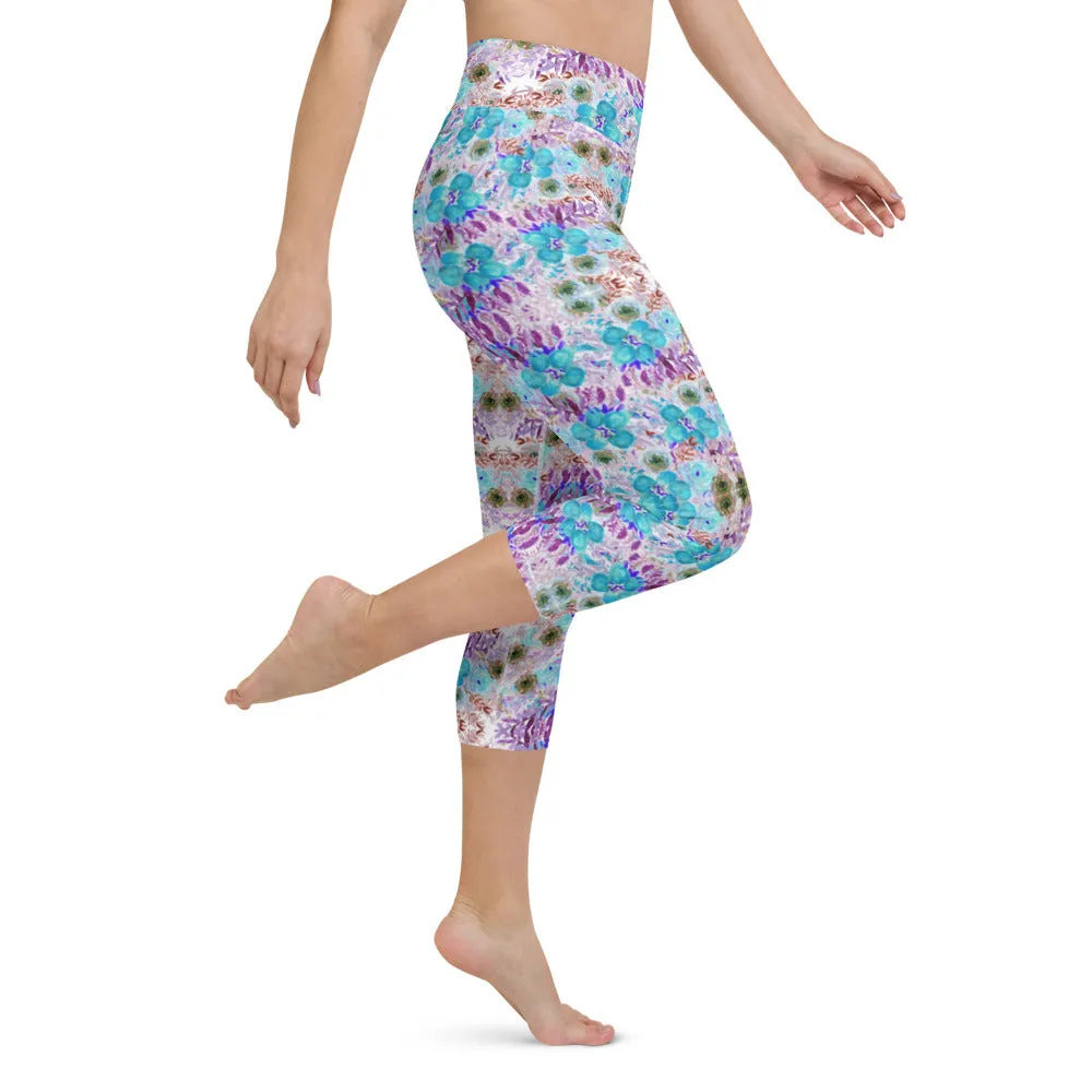 Purple Flower Yoga Capri Leggings, Blue Vintage Style Women's Capris Tights-Made in USA/EU/MX