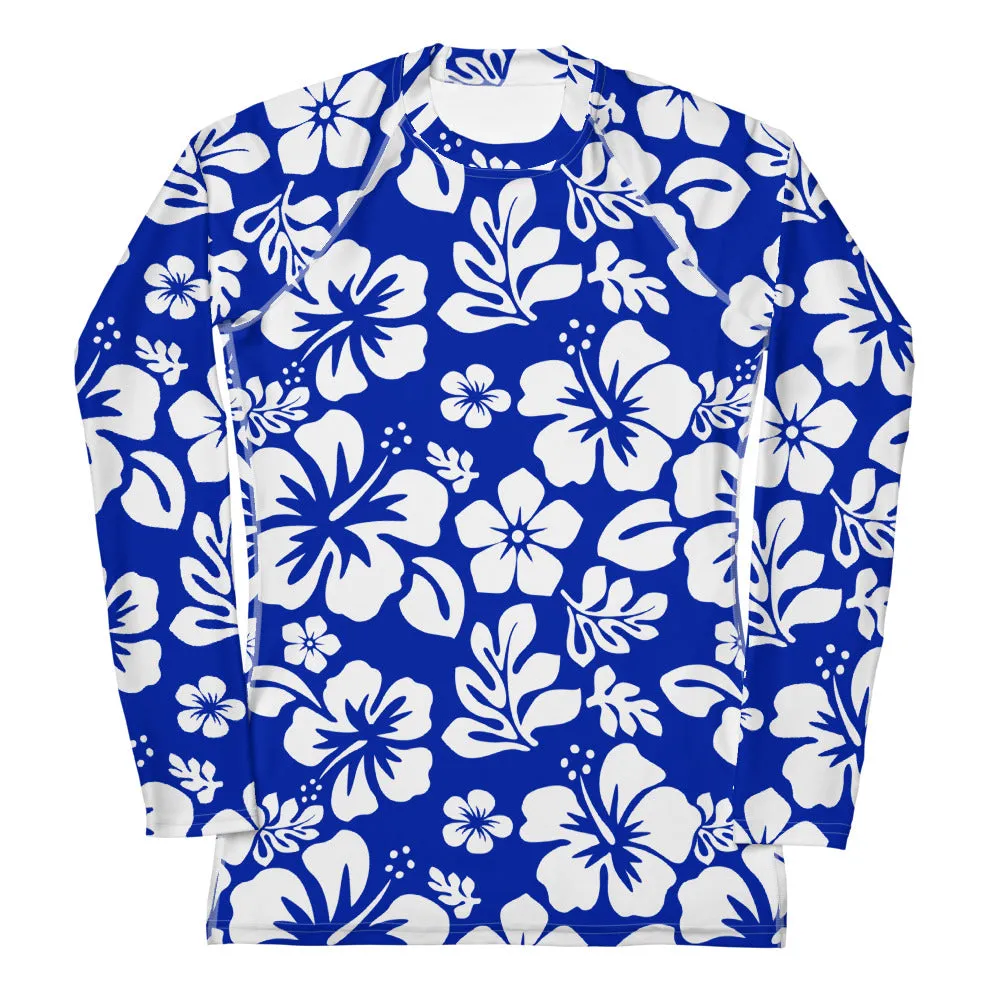 Royal Blue and White Hawaiian Flowers Women's Rash Guard