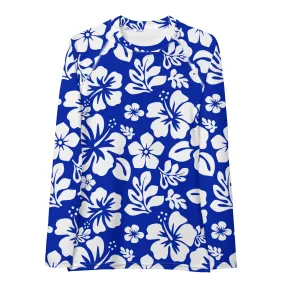 Royal Blue and White Hawaiian Flowers Women's Rash Guard