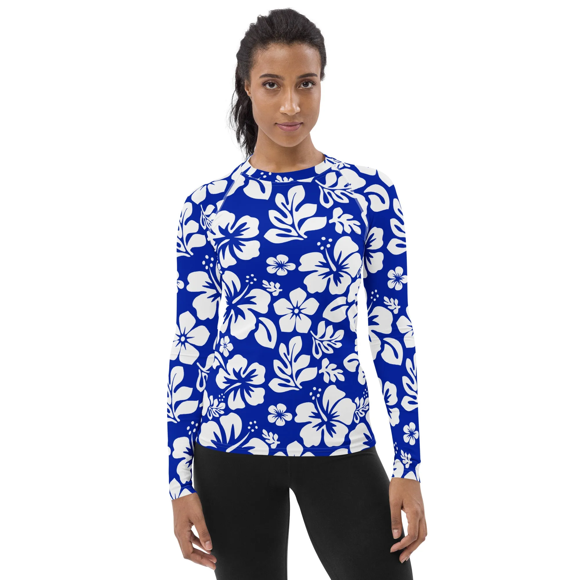 Royal Blue and White Hawaiian Flowers Women's Rash Guard
