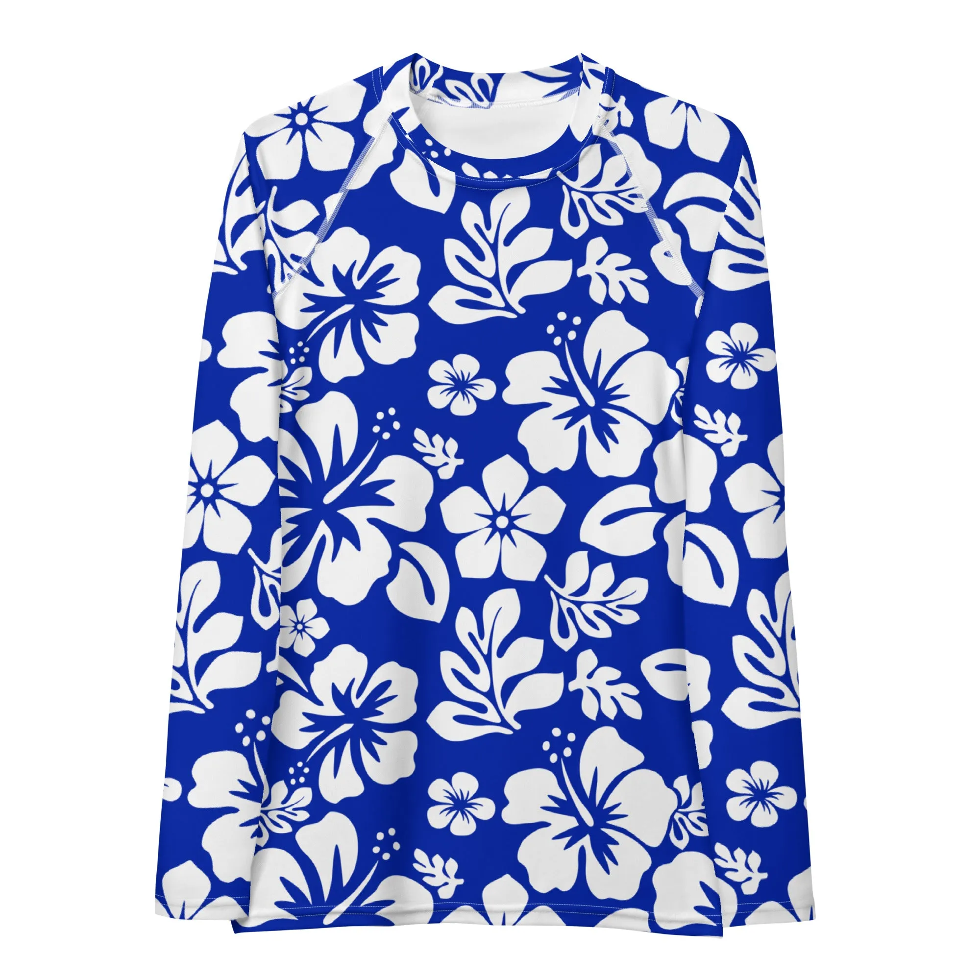 Royal Blue and White Hawaiian Flowers Women's Rash Guard
