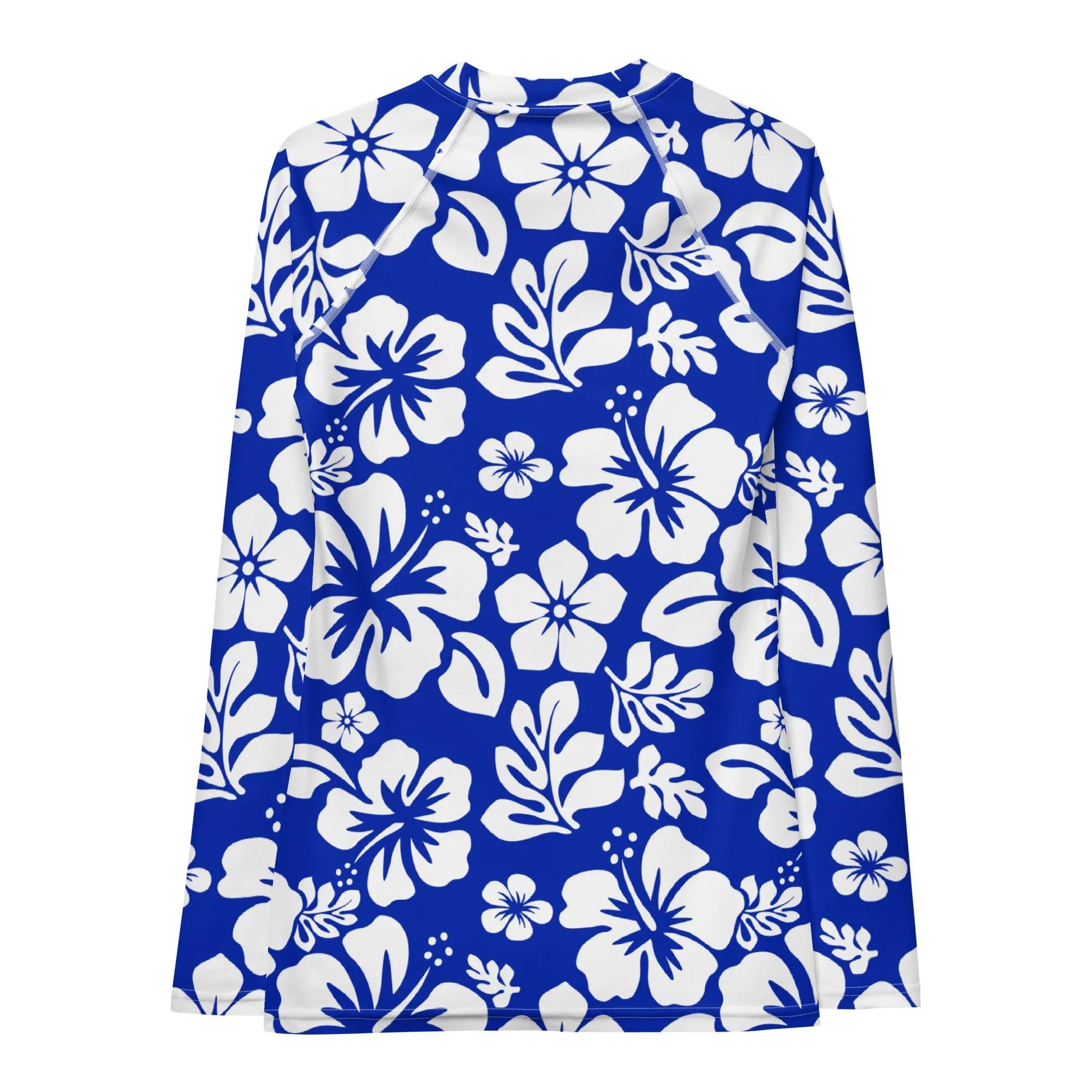 Royal Blue and White Hawaiian Flowers Women's Rash Guard