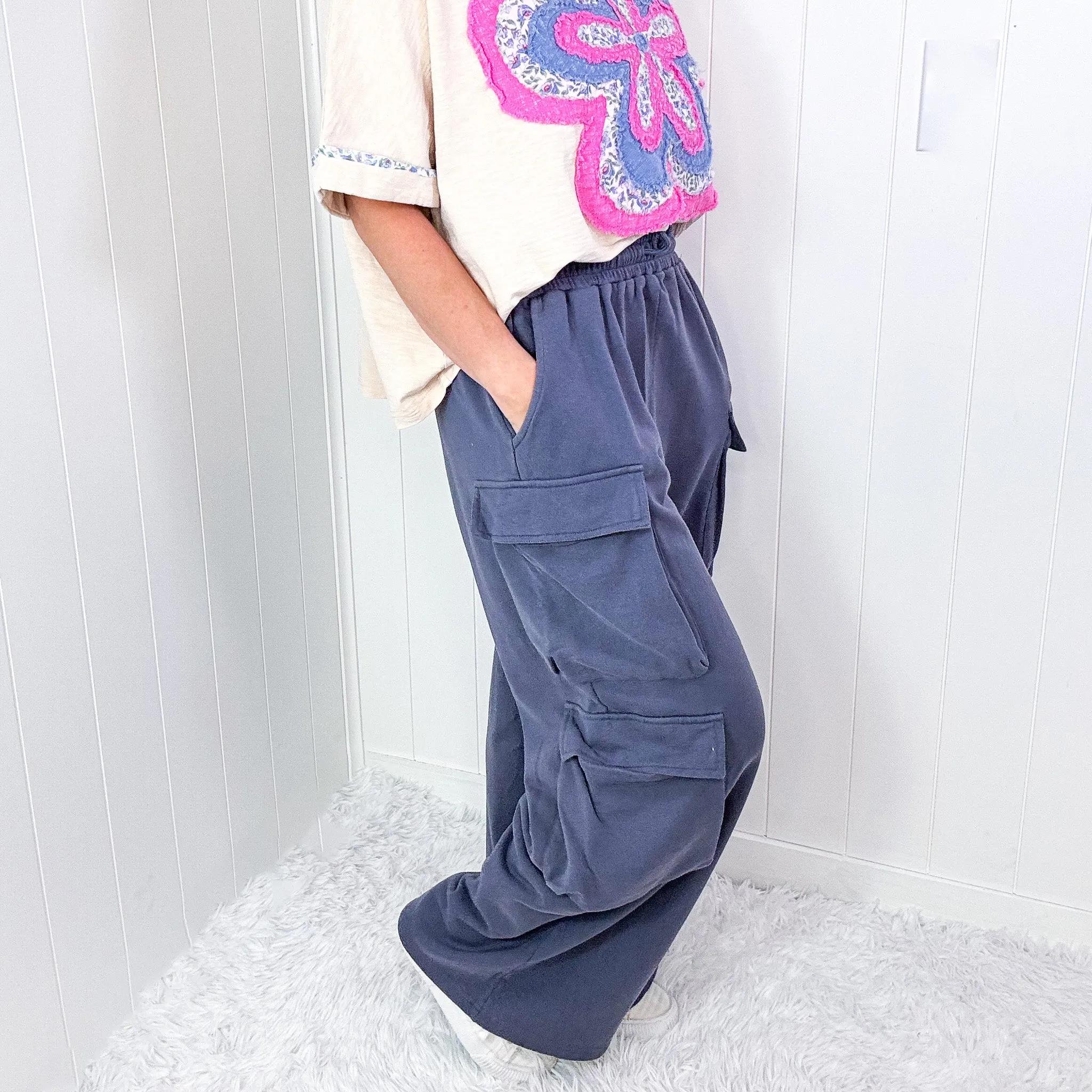 Sunday Funday Mineral Washed Bubble Cargo Pocket Terry Knit Wide Leg Pants in 2 Colors