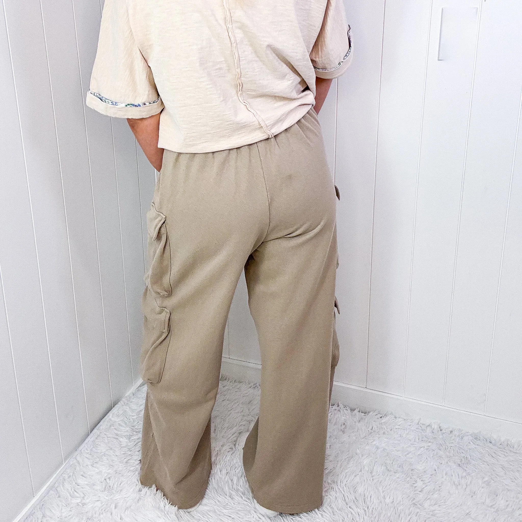 Sunday Funday Mineral Washed Bubble Cargo Pocket Terry Knit Wide Leg Pants in 2 Colors