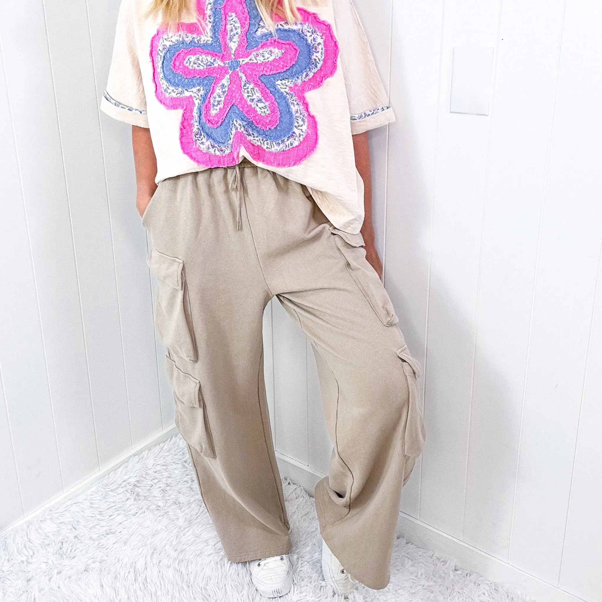 Sunday Funday Mineral Washed Bubble Cargo Pocket Terry Knit Wide Leg Pants in 2 Colors