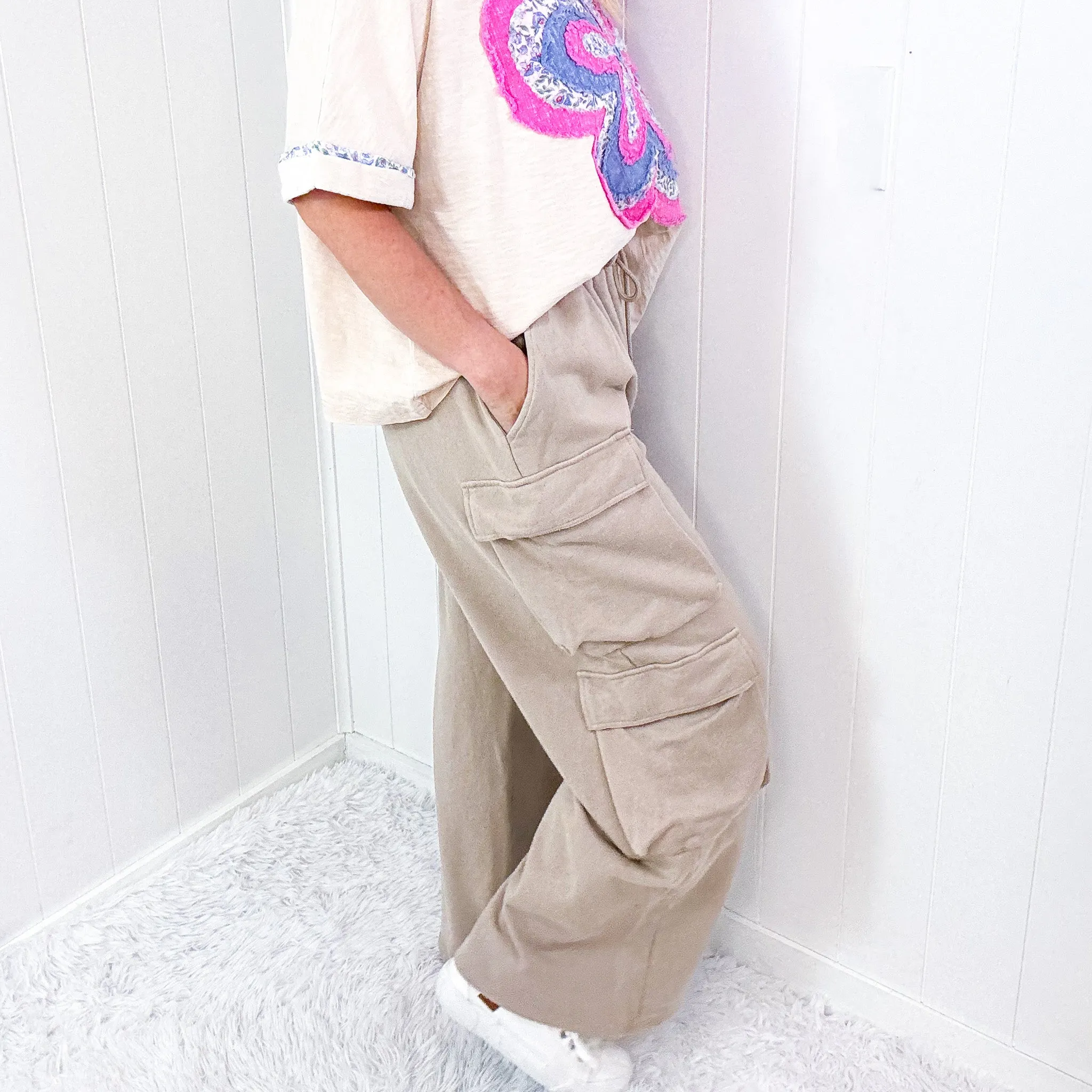 Sunday Funday Mineral Washed Bubble Cargo Pocket Terry Knit Wide Leg Pants in 2 Colors
