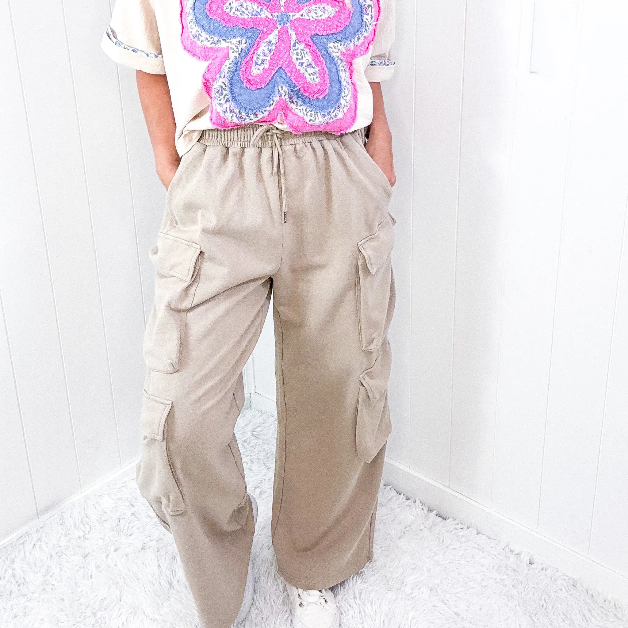 Sunday Funday Mineral Washed Bubble Cargo Pocket Terry Knit Wide Leg Pants in 2 Colors