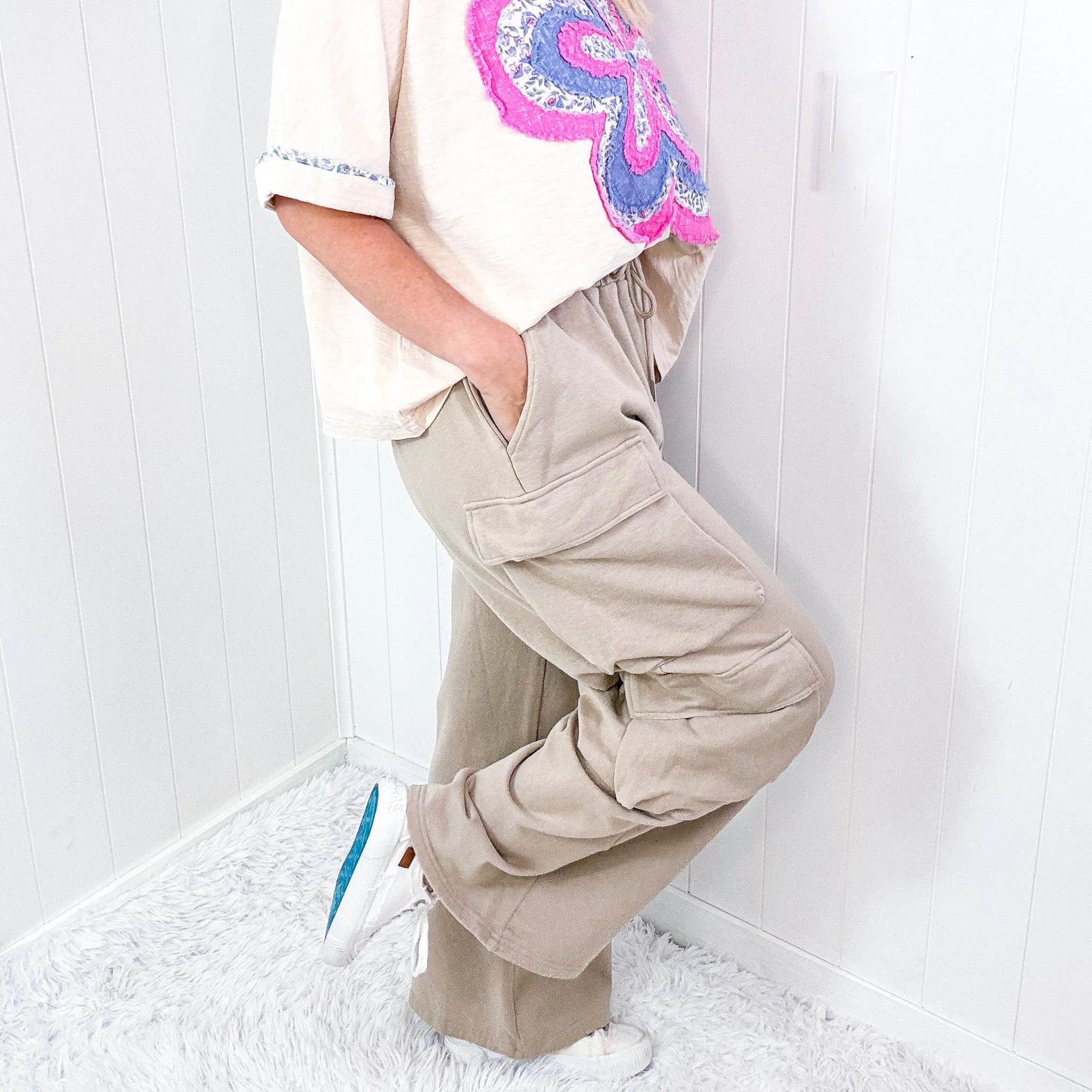 Sunday Funday Mineral Washed Bubble Cargo Pocket Terry Knit Wide Leg Pants in 2 Colors