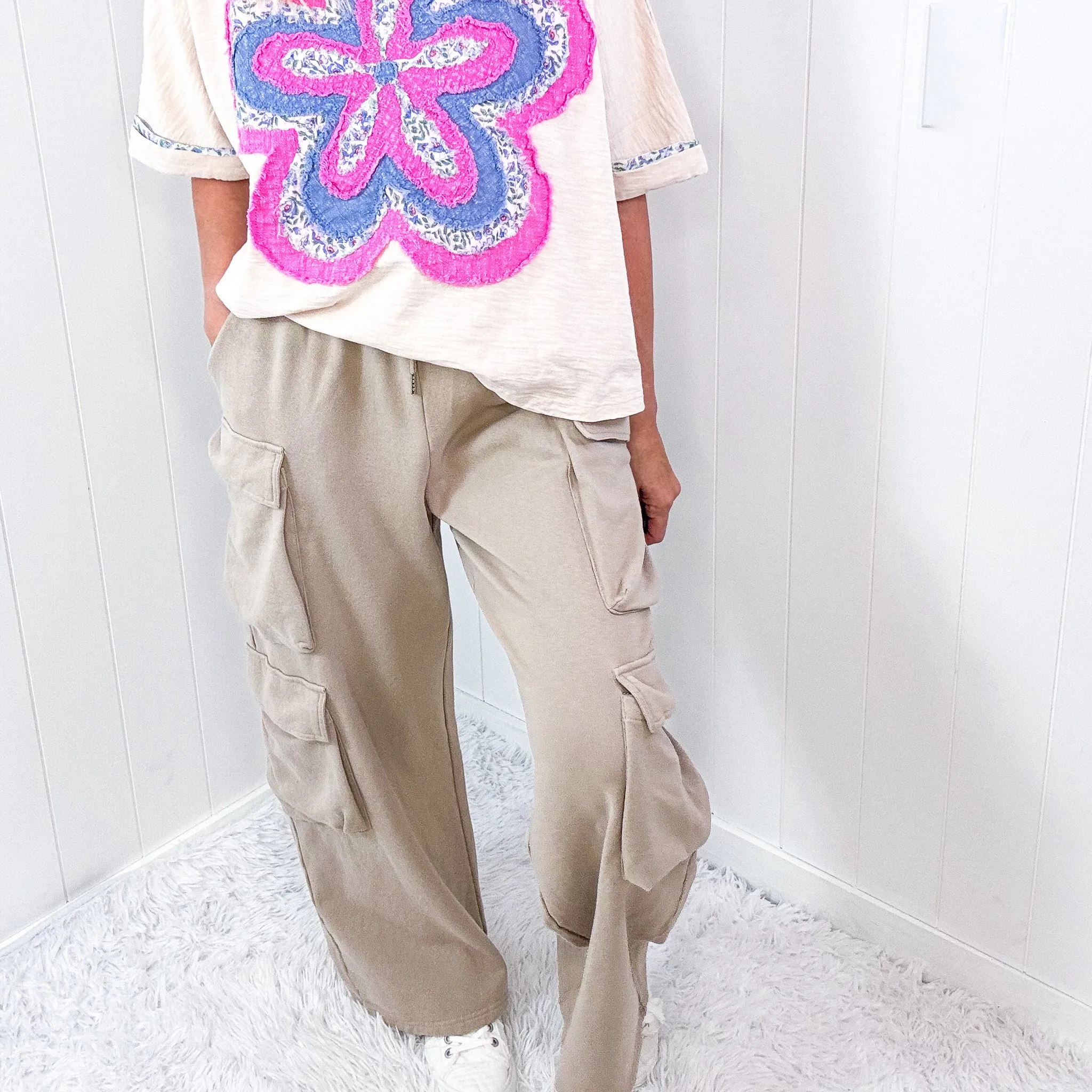 Sunday Funday Mineral Washed Bubble Cargo Pocket Terry Knit Wide Leg Pants in 2 Colors