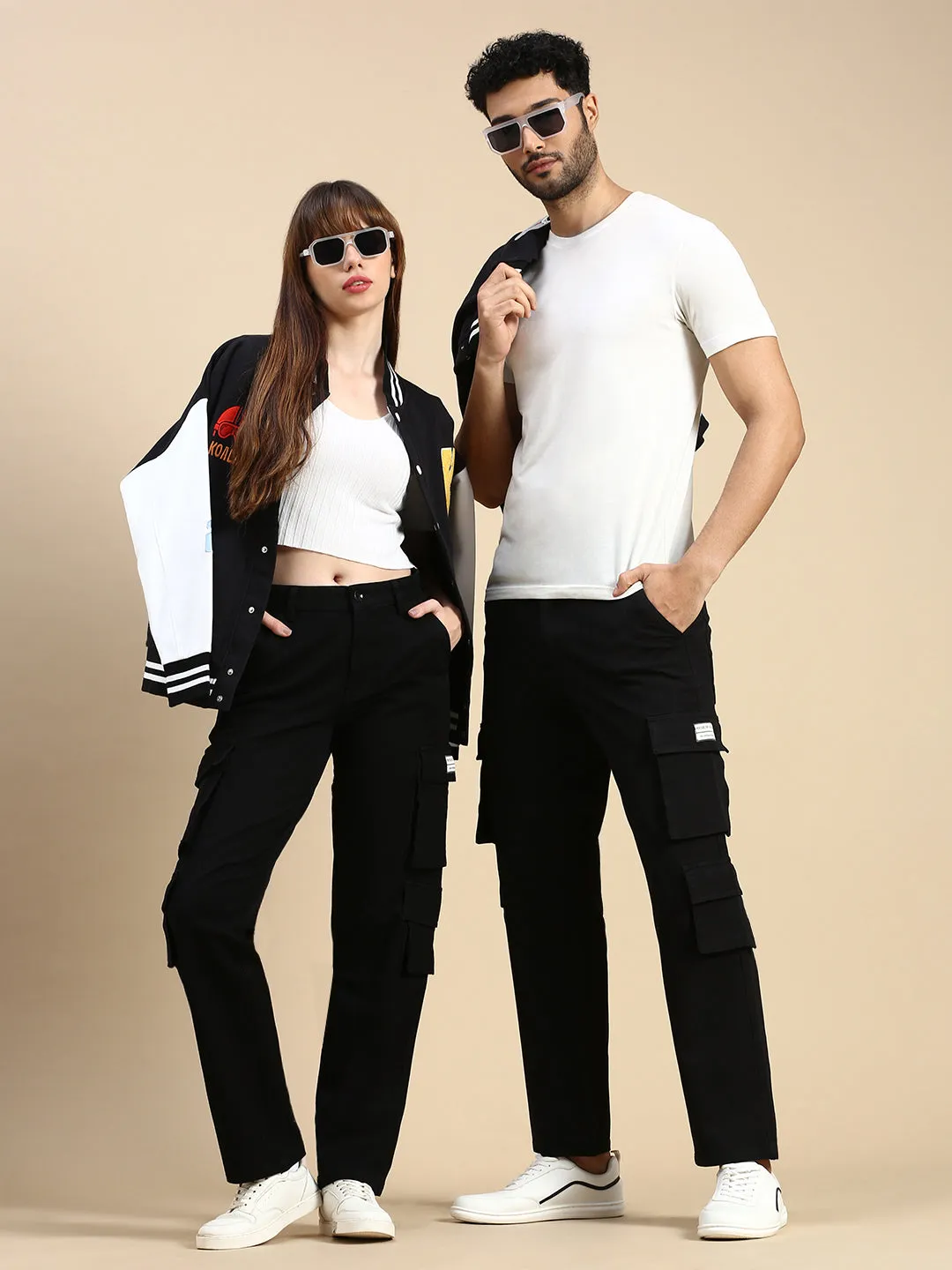 Unisex Baggy Fit Black 8-Pocket Cargo Trousers